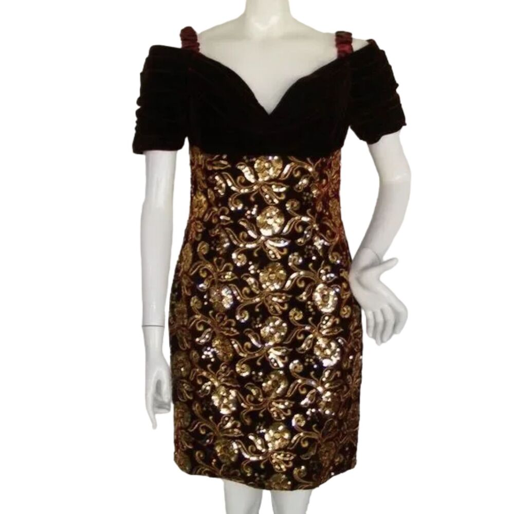 JESSICA MCCLINTOCK Evening Dress, S, Red Velvet, Golden Sequins, Off-shoulder